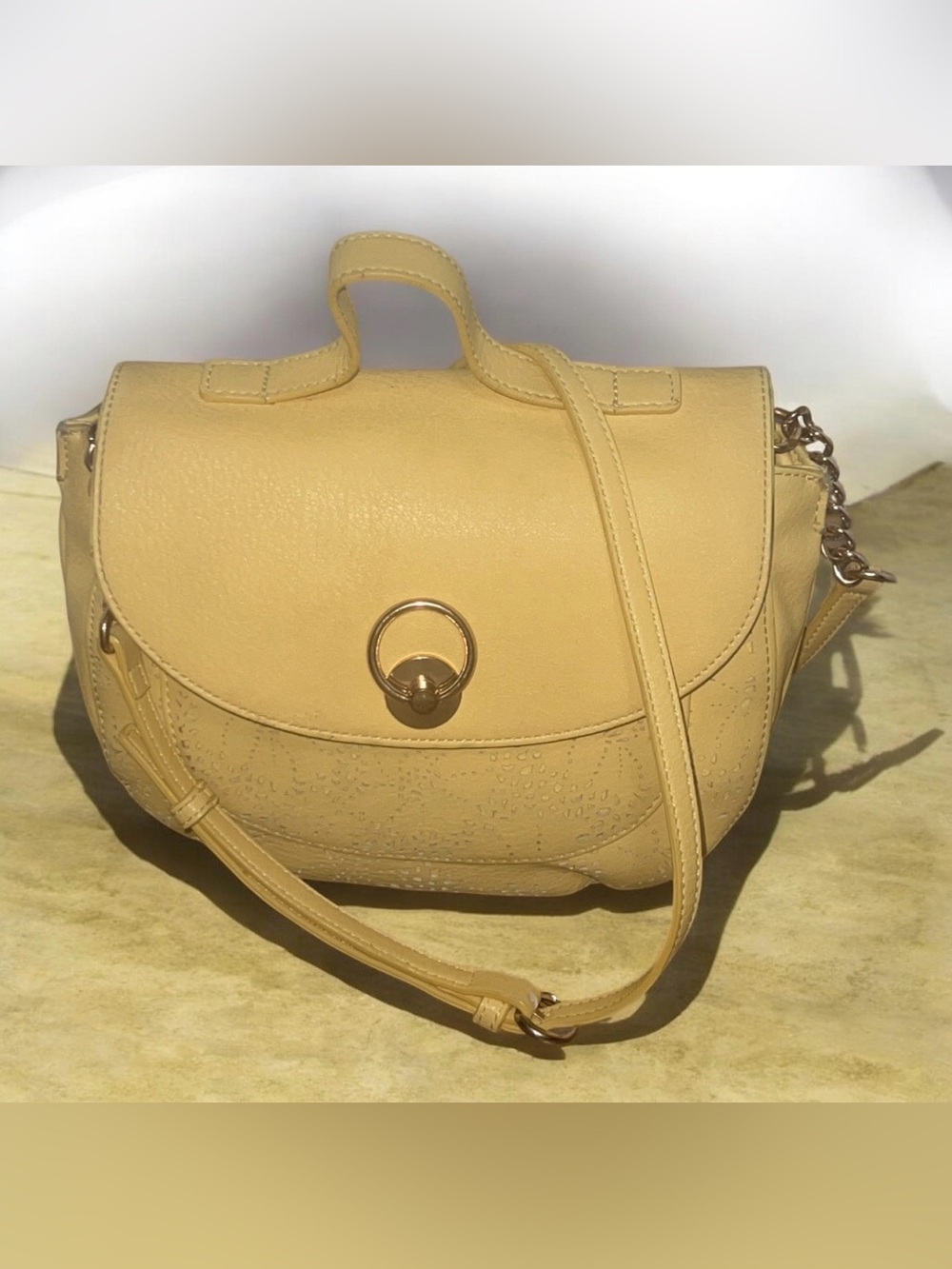 LC Lauren Conrad Pale Yellow Saddle Crossbody with Gold Ring